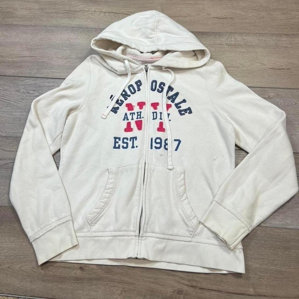 Aeropostale Hoodie White Full Zip Varsity Graphic Ath Div NY XL Y2K Sweatshirt
